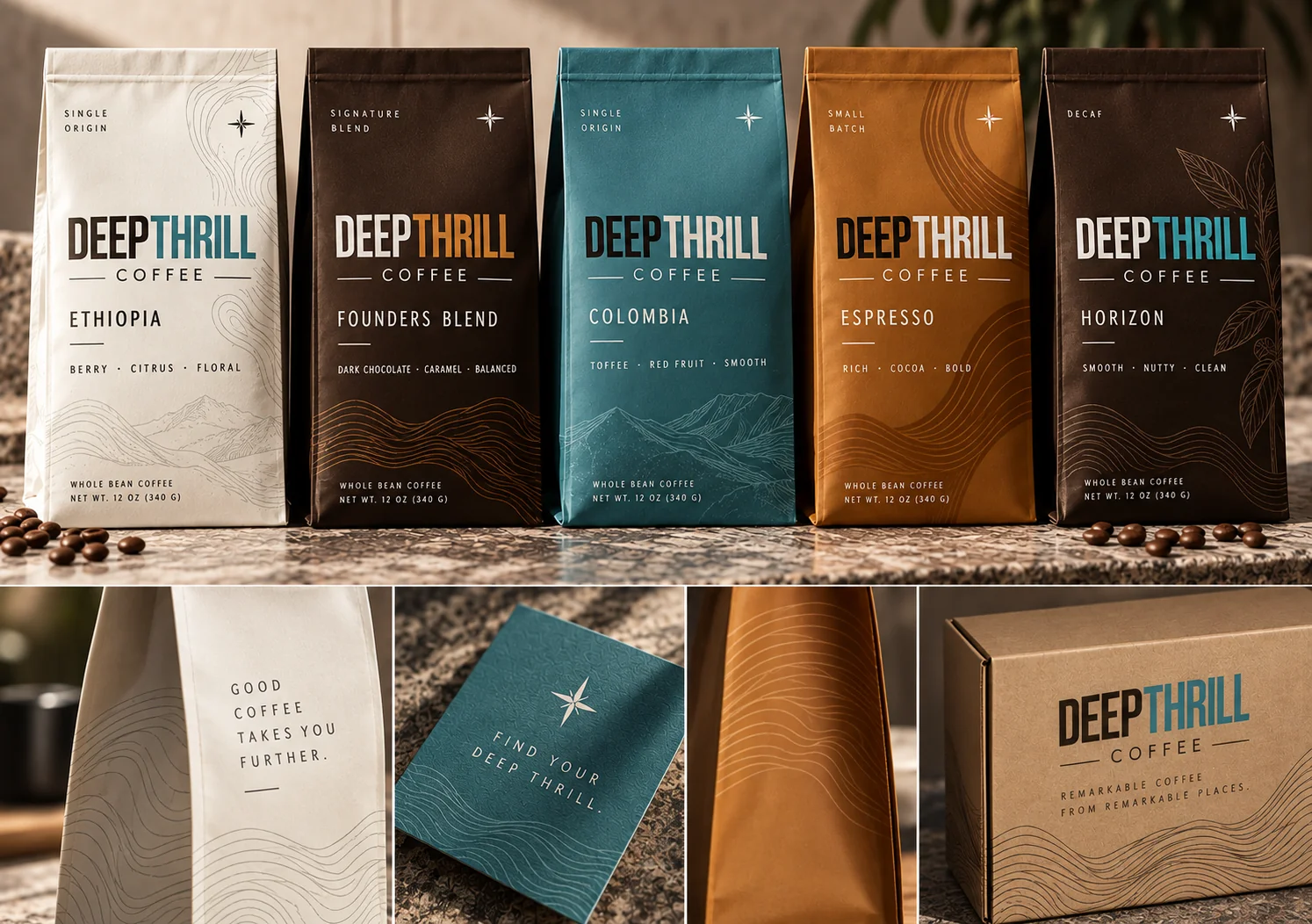 Deep Thrill Coffee packaging concepts: five coffee bags in white, espresso brown, teal, and copper, with close-ups of a bag, a teal card, and a shipping box.